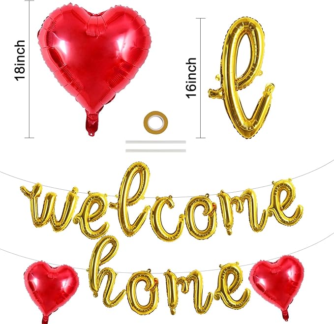 TONIFUL Welcome Home Balloons,Gold Cursive Welcome Home Foil Balloons Banner 16 Inch Welcome Home Party Decorations for Homecoming Party Decorations House Warming Party Family Gathering Supplies
