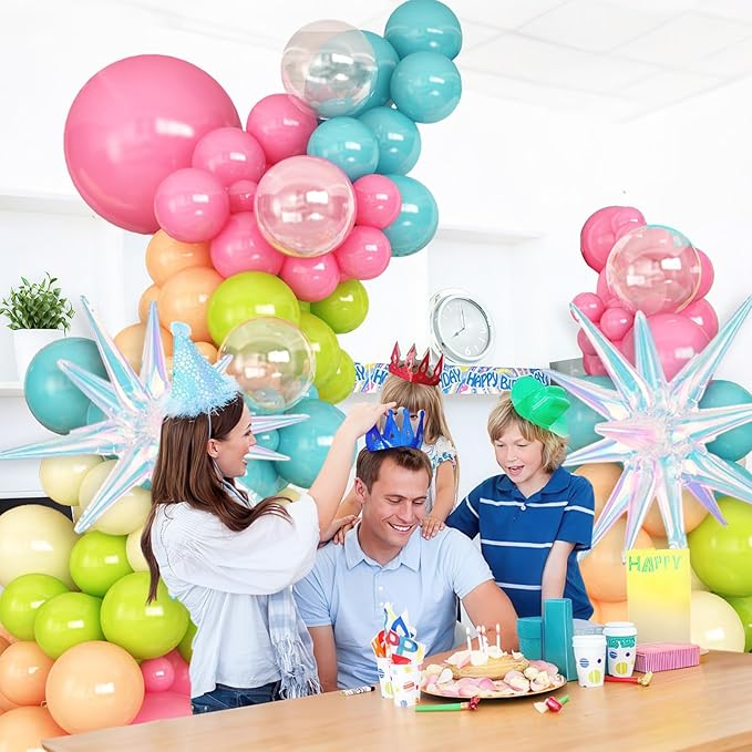 Summer Tropical Balloon Arch Garland Kit Iridescent Star Balloons and Transparent Balloon Teal Pastel Pink Orange Yellow Lime Green Balloons for Hawaiian Luau Aloha Birthday Pool Party Decor