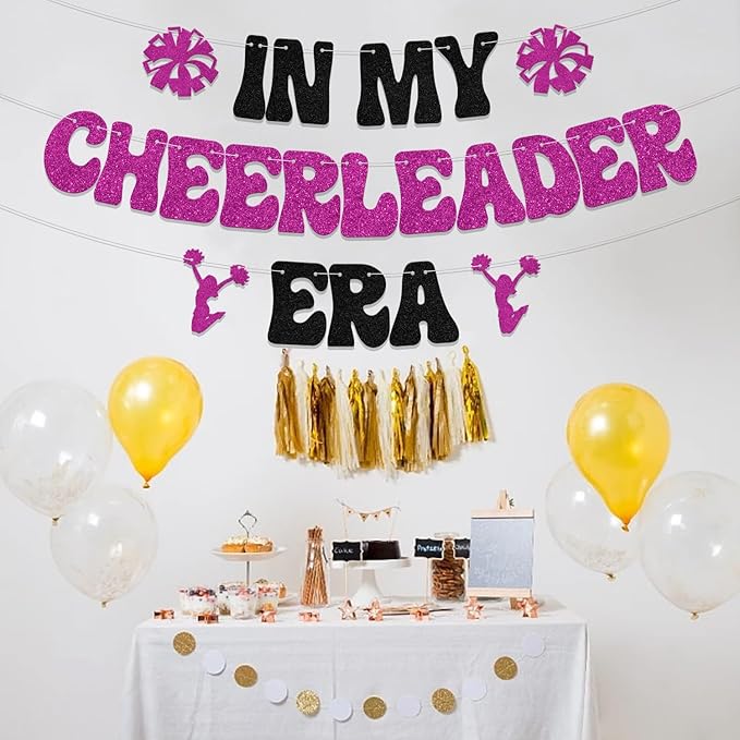 In My Cheerleader Era Banner Cheerleader Birthday Party Decoration Cheers Sport Gymnast Party Decoration Gym Theme Birthday Bachelorette Anniversary Party Supplies Black Rose Red Glitter