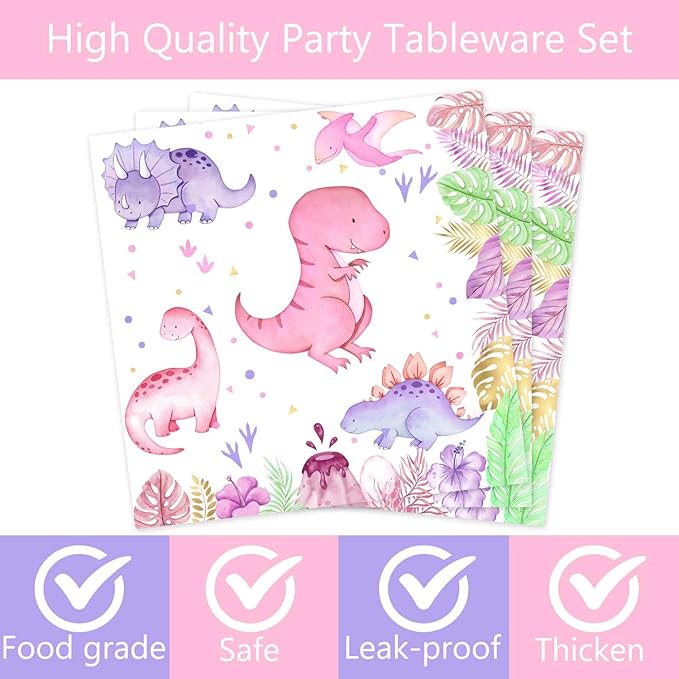 80 Pcs Watercolor Dinosaur 2nd Birthday Decorations 2 Rex Pink Dino Birthday Tableware Includes Plates, Forks, Napkins for Girls Roar I'm 2 Dinosaur Two Year Old Birthday Party Supplies Favors