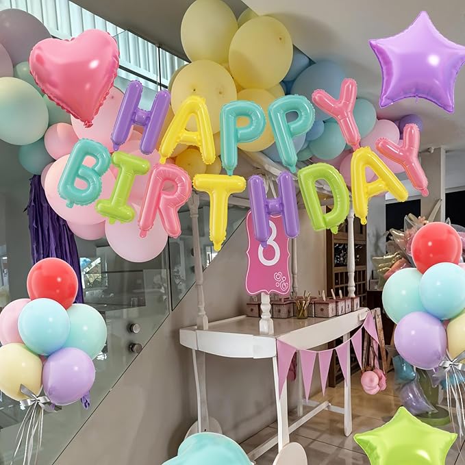 29PC Pastel Rainbow Happy Birthday Balloon Banner,16 Inch Foil Letters Letter Banner Sign, Macaron Colorful Latex Balloons 18 Inch Star Heart Foil Balloon for Women Girls Party Decor