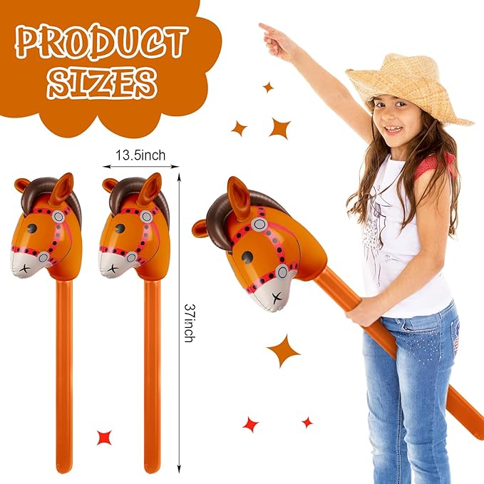 Chivao 12 Pieces Inflatable Stick Horse Cute Horse Head Stick Blow up Balloon Colorful Cowboy Cowgirl Party Decorations for Themed Birthday Party(Coffee Color)