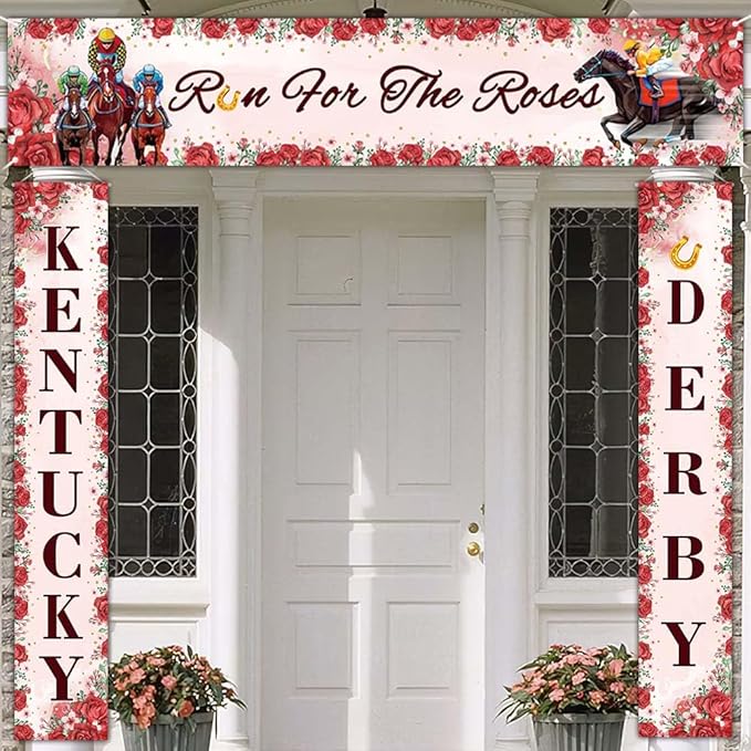 3PCS Kentucky Derby Decorations Banner Run for the Roses Yard Fence Cover Hanging Rose Horse Kentucky Derby Porch Sign for Horse Racing Kentucky Derby Party Supplies Indoor Outdoor
