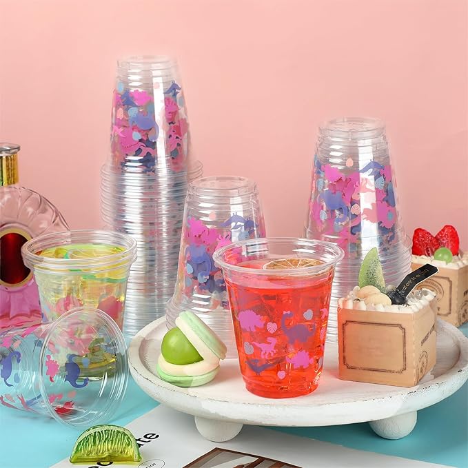 50 Pcs Girl Dinosaur Birthday Party Decorations Cups 12 oz Dinosaur Disposable Plastic Cups Dino Theme Tumbler for Three Rex Birthday Party Supplies Decorations, Pink