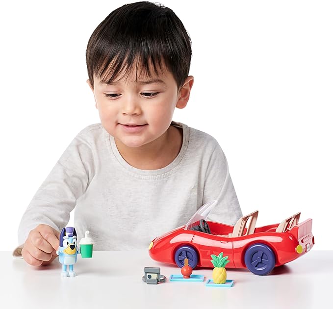 Bluey Figurine (2.5”) & Escape Convertible Vehicle Playset, Robust Toddler Toy Car with 4 Accessories and Stickers, Immersive Toys for Kids Ages 3+