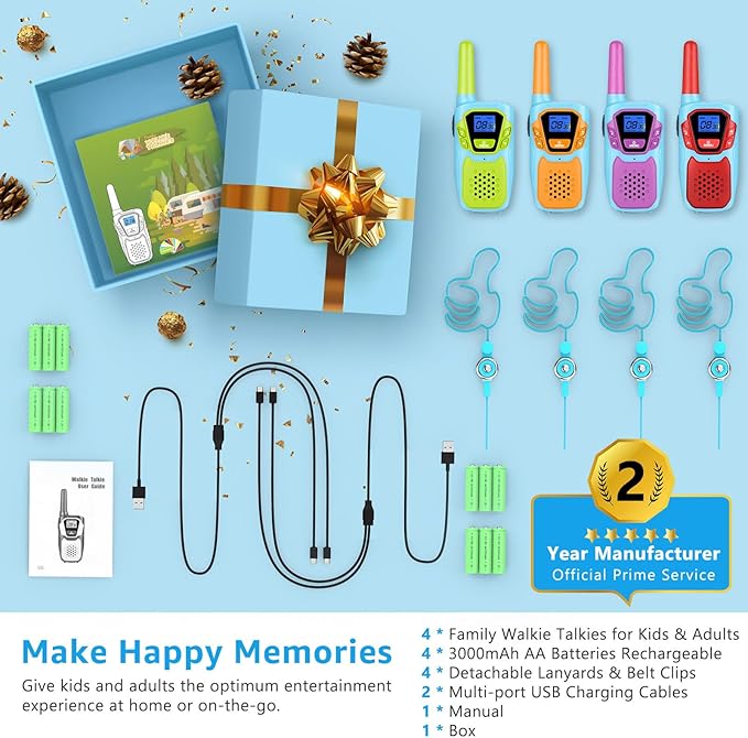 Walkie Talkies for Kids Adults Long Range Rechargeable 4 Pack Drop-Resistant FRS 2 Way Radio with Lanyard Battery NOAA USB, Family Toy for 3-12 Year Old Boy Girl Toddler Camping Skiing