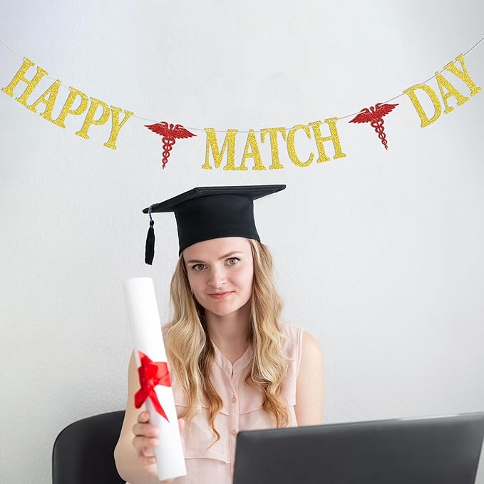 Happy Match Day Banner, Congrats on Matching Bunting Sign, Medical School Survivor Graduation Party Decorations Supplies Gold Glitter