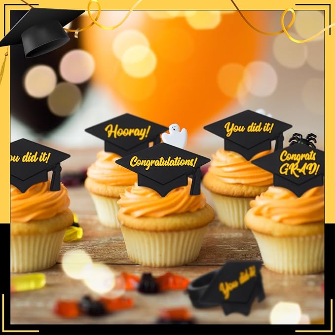 Chuangdi 48 Pieces Graduation Hat Sayings Cupcake Rings 2026 Congrats Grad Cupcake Toppers Rings Black Hat Cake Decorations for Graduation Party Supplies, 4 Styles