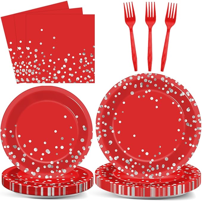 gisgfim 96Pcs Red and Silver Party Paper Plates and Napkins Party Supplies Silver Dot on Red Birthday Tableware Glitter Decoration Favors for Birthday Baby Shower Serves 24
