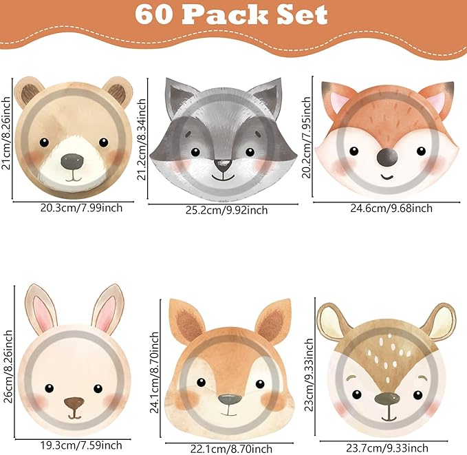 60 Count Woodland Party Paper Plates Animal Shaped Disposable Plates Woodland Creatures Tableware Forest Birthday Decorations for Birthday Baby Shower Animal Theme Party Favors