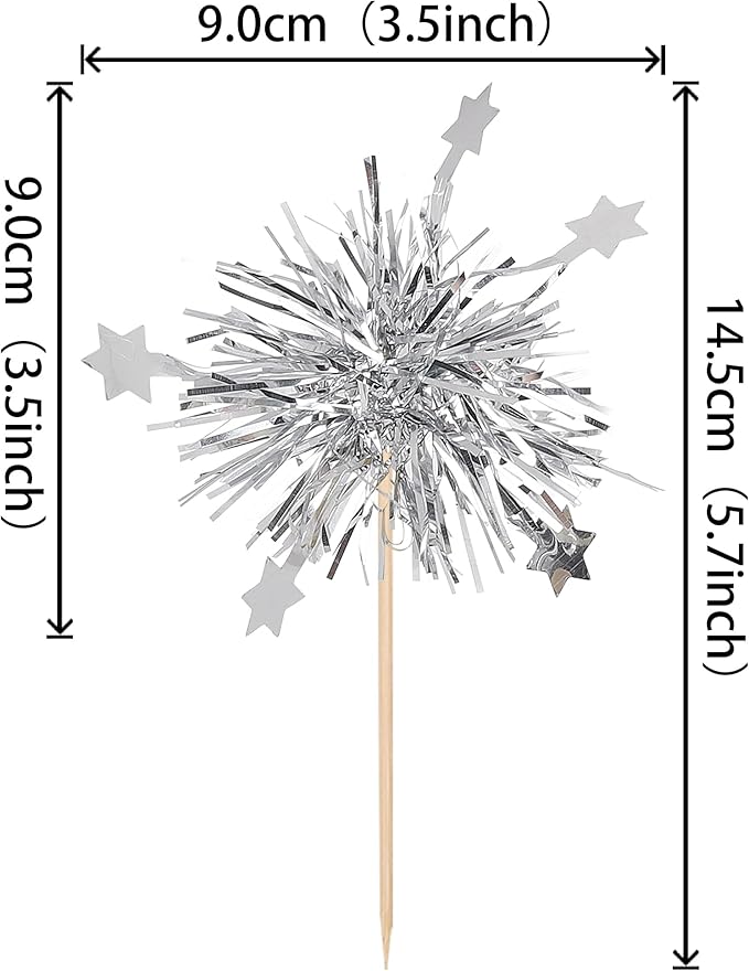 30 PCS Foil Firework Cupcake Toppers Star Cupcake Picks Sparkle Tinsel Flower Drink Stirrers Cocktail Food Fruit Toothpicks for Valentine's Day Birthday Party Cake Decorations Supplies Silver