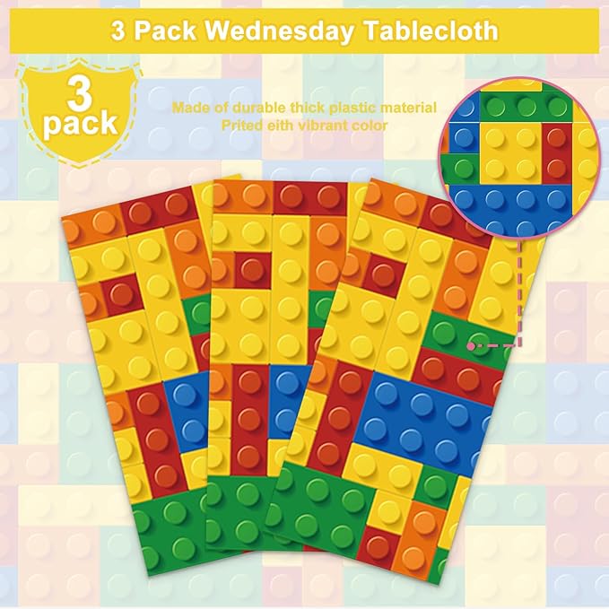 3PCS Building Block Party Tablecloths for Boys Kids Colorful Building Table Cover Blocks Themed Birthday Party Supplies Baby Shower Decorations Party Table Cloth