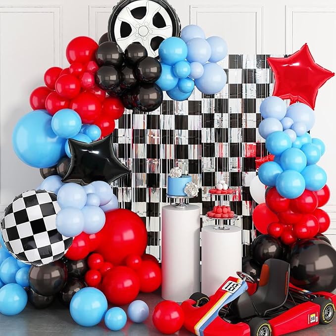 Race Car Birthday Party Decoration, Including 2 Pack Black Silver Checkered Streamers, 22pcs Race Car Party Balloons & 1pcs Race Car Birthday Banner for One Happy Dude Race Car Theme Party Supplies