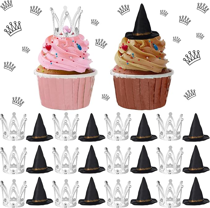 24 Pack Witch Hat and Crown Cake Topper Bad Witch Birthday Party Decorations Mini Wizard Hats Silver Crown Cupcake Toppers Decor Princess Cake Accessories for Birthday Party Supplies Crafts