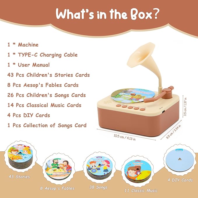 Kids Record Player, Kids Phonograph with 99 Cards, Story Telling & Songs & DIY Record, Toddler Music Toys Ideal for Boys Girls 3 4 5 Year Old