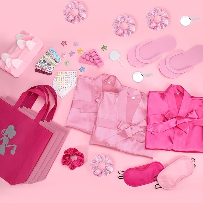 122 Pcs (9 Pink, 1 Hot Pink) Girls Spa Party Kit, 10 Pack Slumber Party Favors with Satin Robes, Tote Bags, and Nail Salon Accessories for Kids Spa Birthday, Halloween, Home Party Supplies