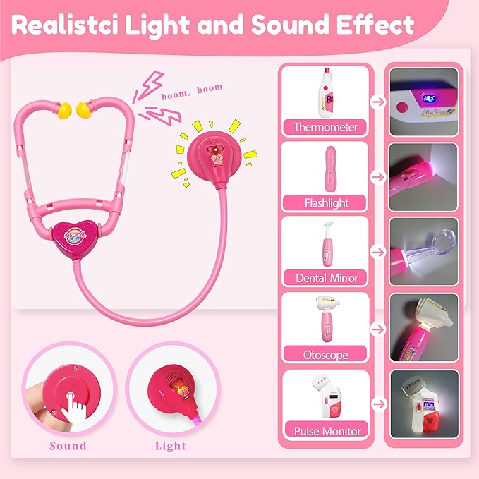 24Pcs Doctor Kit for Toddlers 3-5, Kids Doctor Pretend Play Set with Costume, Stethoscope, Funny Doctors Kit Toys Christmas Birthday Gift for Girls Ages 3 4 5 Year Old, Pink
