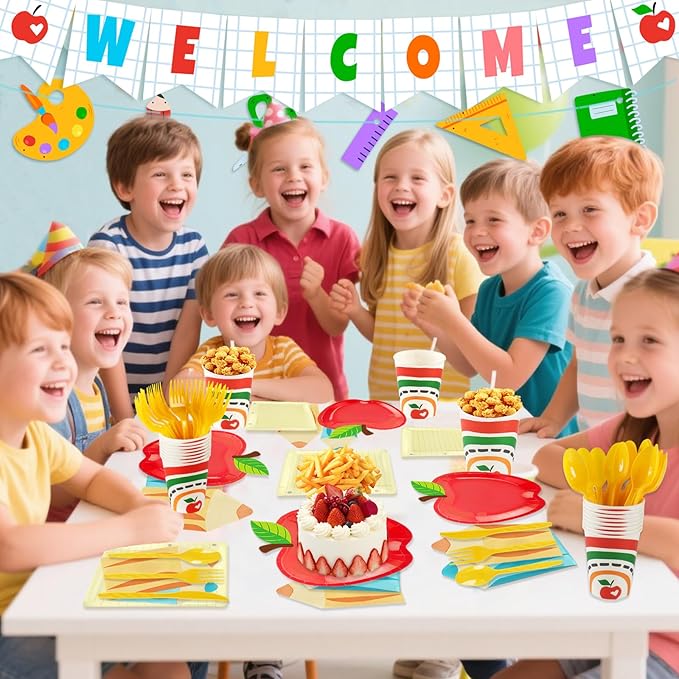 OuMuaMua 177Pcs Back to School Party Plates Napkins Cups with Welcome Banners Supplies First Day of School Disposable Tableware Set for Preschool Kindergarten Graduation Party Table Decor, Serves 25