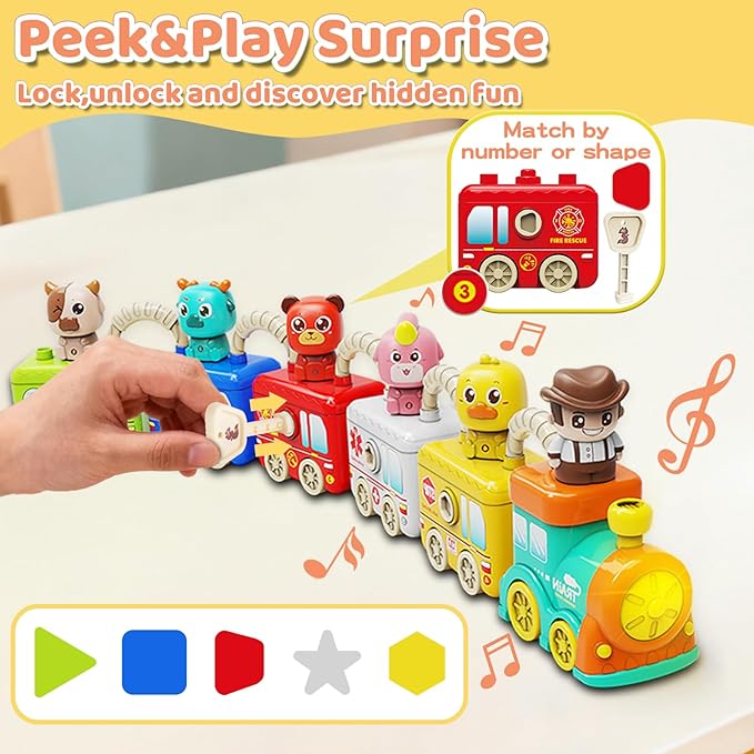 Montessori Train Toys for 2 3 4 Year Olds - Toddler Learning Train Set with Lights & Sounds, 6 Vehicle Transport, Lock & Key Activity, Farm Animal Finger Puppets, Easter Birthday Gift for Boys Girls