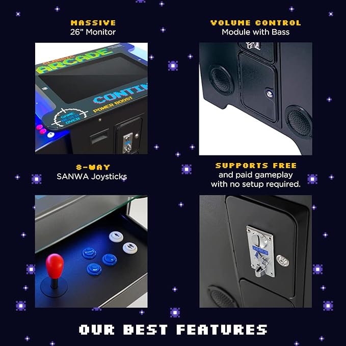 Full-Size Creative Arcades, Commercial Grade Cocktail Arcade Machine, 60 Classic Games, 2 Sanwa Joysticks, Included Stools, 26" Screen, Arcade Riser, 3Year Warranty, Top Square Glass