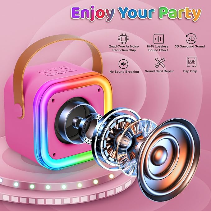 Mini Karaoke Machine for Kids, Girl Toys Gifts, Kids Karaoke Wireless Microphone for 4,5,6,7,8,9,10,11,12 Years Old Boys and Girls Christmas Party Gifts Toys (Rose Color)