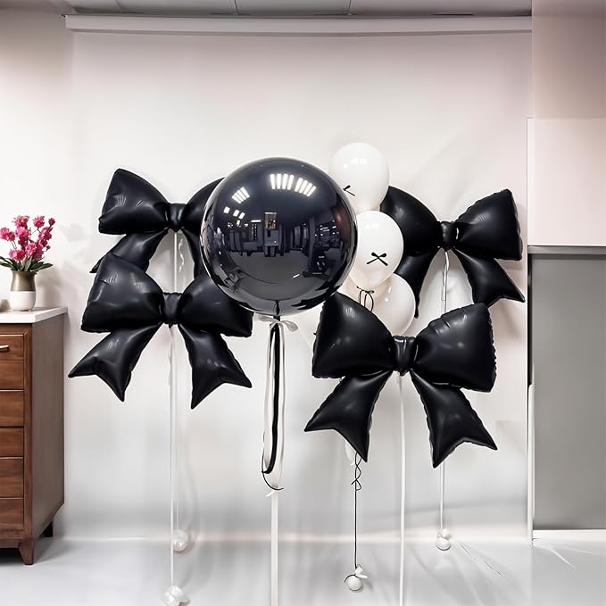 38 Inch Black Bow Foil Balloons, Large Black Mylar Bowknot Balloons Coquette Birthday Party Decorations for Girls Women Bachelorette Wedding Engagement Bridal Shower Baby Shower Decorations Supplies