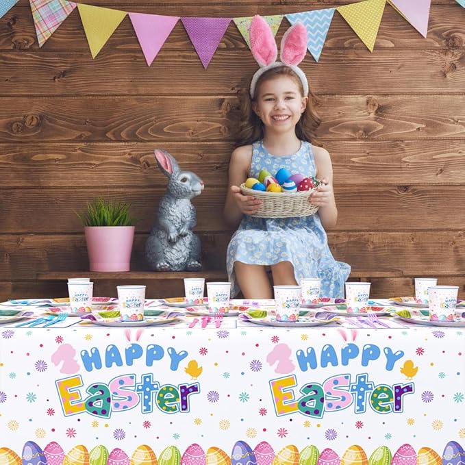 194 Pcs Easter Party Supplies Decorations Happy Easter Party Plates Napkins Decorations Bunny Egg Easter Disposable Tableware Set with Plates Napkins and Tablecloth Serves 24 Guests