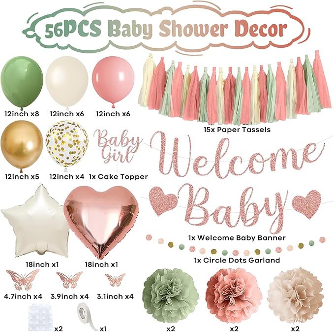 Baby in Bloom Baby Shower Decorations, Sage Green Dusty Blush Pink Gold Sand White Latex Confetti Balloons with Banner Cake Topper Pom Poms Tassel for Girls Boho Fairy Floral Birthday Party Decoration