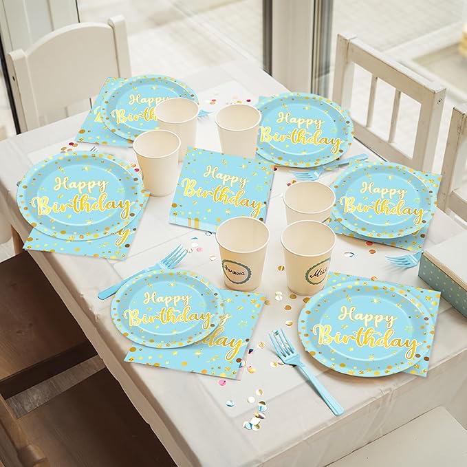 CHUNNIN 96PCS Blue Birthday Plates and Napkins Birthday Party Decorations Light Blue and Gold Dessert Plates Tableware for 24 Guests Kids Party Supplies