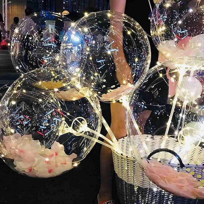 LED Balloons Light, 10 Pack LED Balloons with Sticks, 20 Inch Clear Bobo Balloon with Lights Helium Glow Bubble Lights for Party Supplies Valentines Decor (Warm)