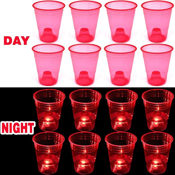 mishunyus Glow in The Dark Red Party Cups 24 Pack (16 oz) - LED Light Up Plastic Cups for Birthday Weddings BBQ Beach Holiday Decorations, Reusable Drinking Cups for Club Events & Nighttime