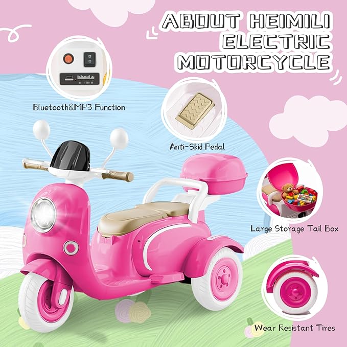 HEIMILI 12V Kids Electric Motorcycle for Girls, 3 Wheel Ride On Motorcycle for Kids 3-5 Years, Mini Battery Powered Motorbike with Bluetooth & MP3, Toddler Electric Ride On Toy, Rose