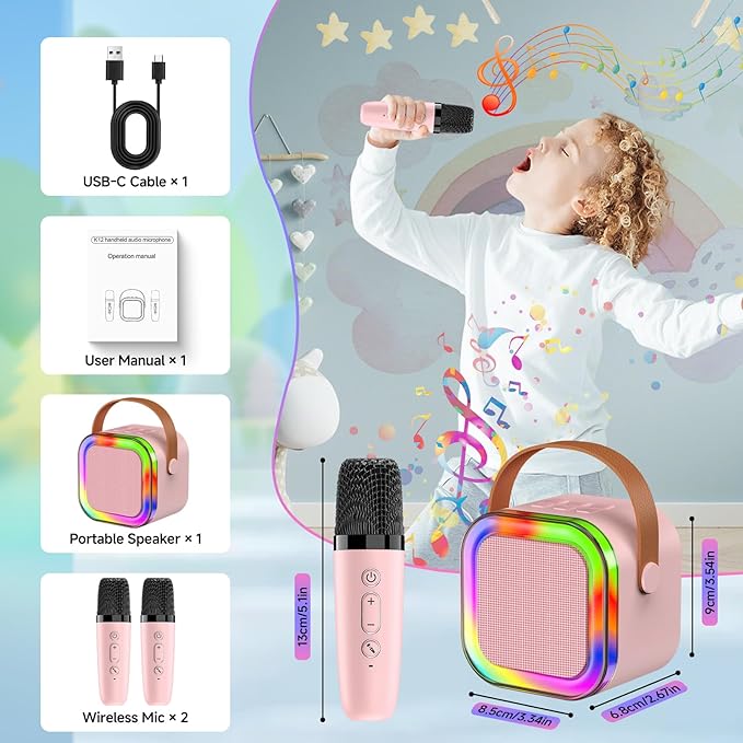 Karaoke Machine with 2 Mic, Wireless Microphones for Kids Adults Toddler with LED Party Lights, Mini Kids Microphone Christmas Birthday Gift for Girls Toys 4, 5, 6, 7, 8, 10 12+ Years Old 【Pink】