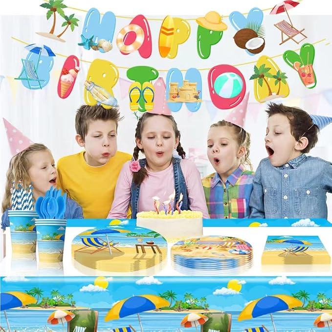 41pcs Summer Beach Party Supplies ,include 20pcs Dessert Plates, 20pcs Napkin and 1pcs Tablecloth,Used for Summer Beach Birthday Party Decoration