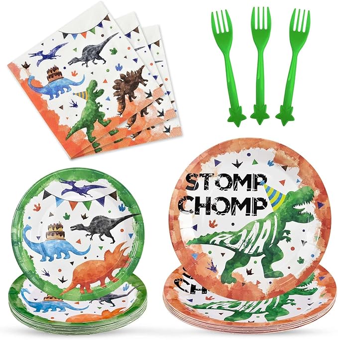 WERNNSAI Dinosaur Party Decorations - 64 PCS Dinosaur Plates Napkins and Forks Set Boys Birthday Party Decorations for Kids Baby Shower Dino Theme Parties Serves 16 Guests