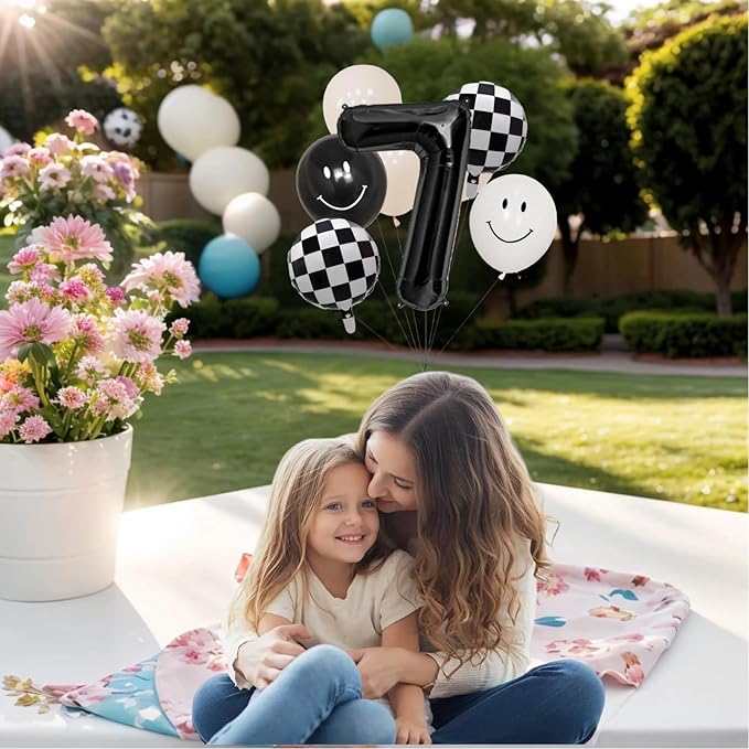 Birthday Balloon Set, Black and White Checkered Foil Balloons, Smiley Face Design, Number 7 Birthday Decorations with Latex Balloons, Ribbon and Straw