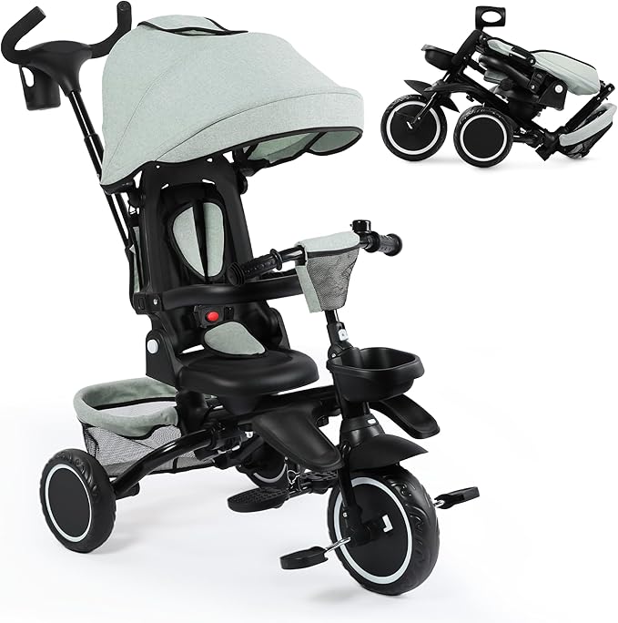 Folding Kids Tricycle, 8 in 1 Toddler Trike W/Removable & Adjustable Canopy, Parent Handle, 5-Piont Harness, Toddler Bike Tricycle for Kids 1-6 Years, EVA Wheels, Storage Basket, Green