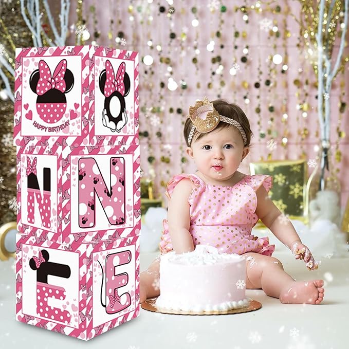 TONIFUL Pink Mouse 1st Birthday Party Supplies Pink Balloon Box with Letters, Mouse Theme One Year Old Birthday Party Favors for Girls Baby Shower B-Day Decoration