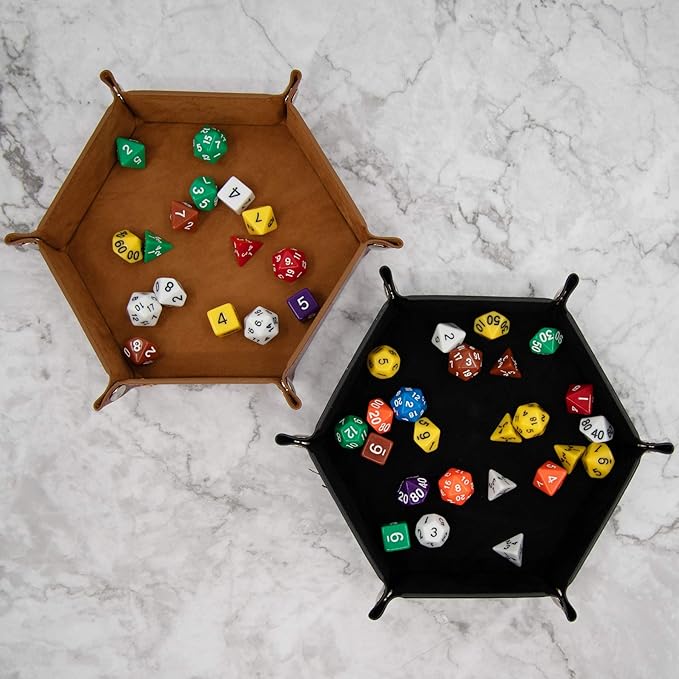 SIQUK 2-Piece Dice Tray - PU Leather Folding Hexagon Dice Holder for RPG, DND and Other Table Games (Camel and Black)