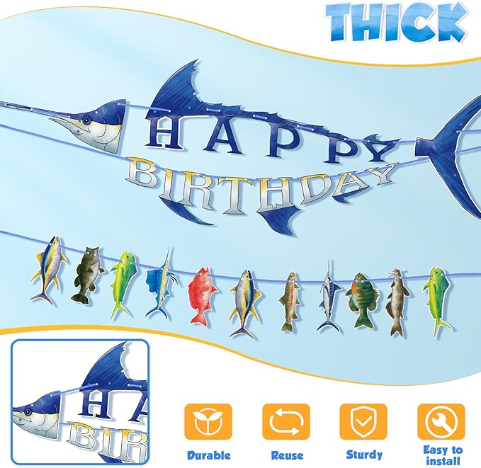 WERNNSAI Fishing Happy Birthday Party Banner - Gone Fishing String Hanging Banner with Pre-strung Fishing Banner Supplies for Boys Litter Fisherman Birthday Party Hanging Wall Decorations
