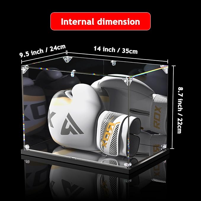 Boxing Glove Display Case with Mirror Back and Base, Acrylic Display Case for Full Size Boxing Glove, Watch The Video to Assemble (14x9.5x8.7 inch, 35x24x22 cm)
