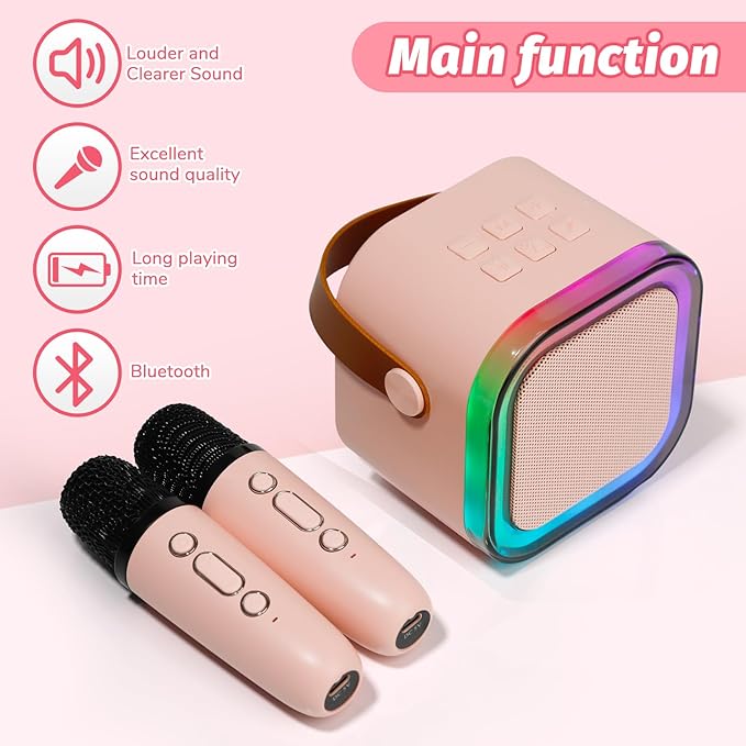 Mini Karaoke Speaker with 2 Wireless Microphones,Voice Effects,Led Lights, Portable Singing Machine for Ages 3,4,5,6,7,8,9,10,11,12+ Years Old Girl Birthday Gift, Kids Karaoke Machine (Pink)