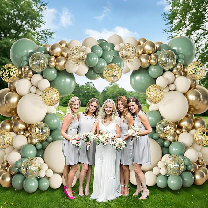 Sage Green Balloon Arch Kit, 155Pcs Sage Green White Sand Metallic Gold Garland with Gold Confetti Balloons for Graduation Baby Shower Wedding Jungle Birthday Party Decorations