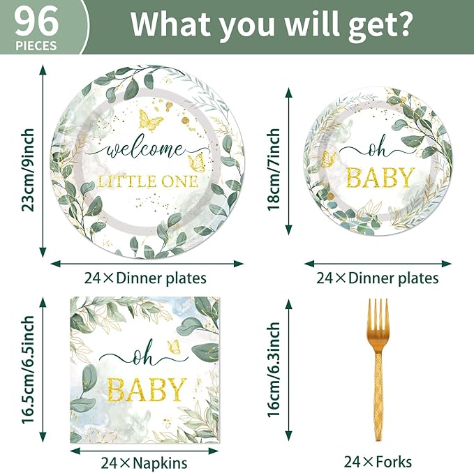 Sage Green Baby Shower Decorations - 96PCS Sage Plates and Napkins Party Supplies Welcome Little One Green Baby Shower Disposable Paper Tableware Set Serves 24 Guests