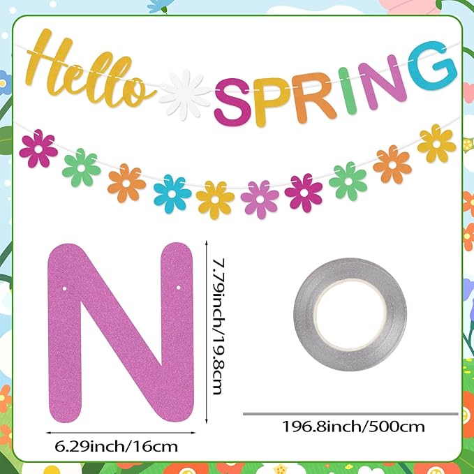 Hello Spring Banner Colorful Glitter Spring Wildflower Banner Garland, Springtime Theme Party Decorations for Home, Springtime Easter Theme Party Decorations, Indoor Outdoor Mantel Fireplace Hanging Decor