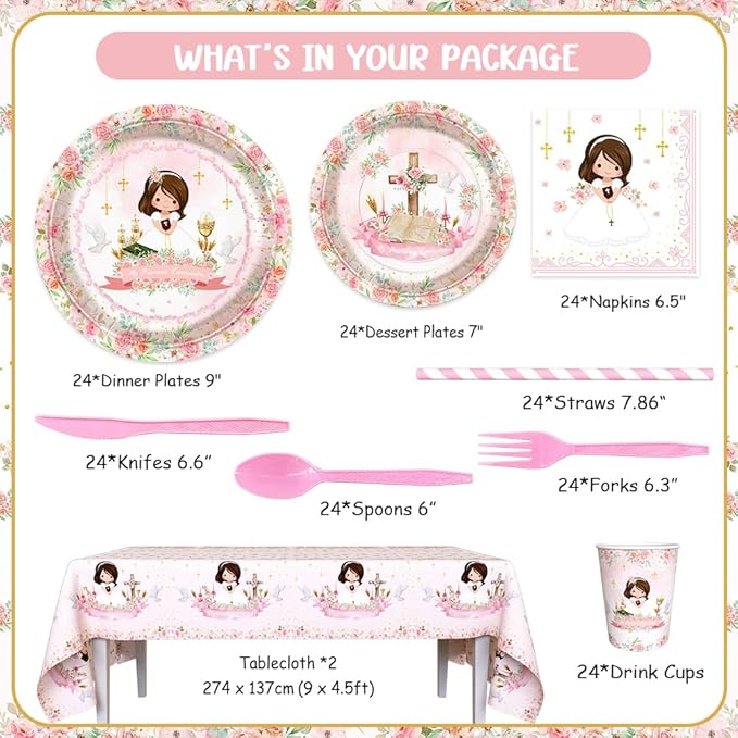 194 Pcs Pink Mi Primera Comunion Party Supplies Decorations for Girl Pink First Holy Communion Party Decorations Disposable Tableware Set with Plates Napkins and Tablecloth Serves 24 Guests