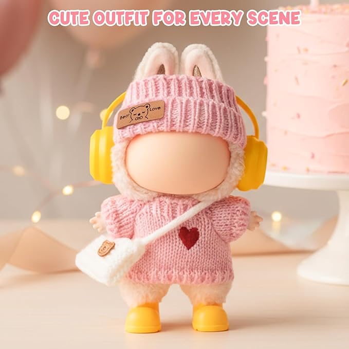 17cm Doll Clothes Accessories - Pink Knit 5-Piece Outfit (No Doll) with Mini Hat, Ear Muffs, Shoes, Bag for 6.7 Inch Dolls Doll Clothing