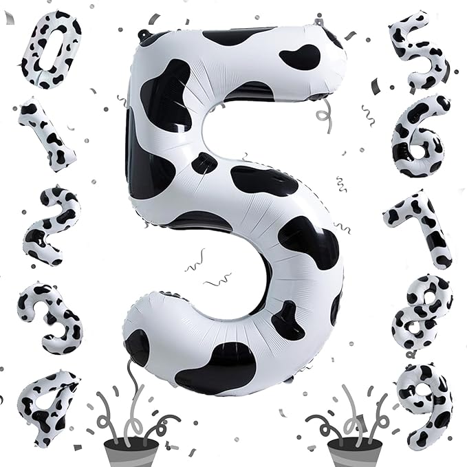 Cow Print Number Balloons 5 for Kids, 40 Inch Foil Large Number 5 Self Inflating Balloon for Boys Girls 5th Birthday Decorations Farm Animal Theme Cowboy Cowgirl Theme Party Decoration Supplies