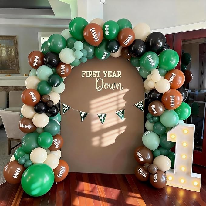 Football Balloons, 12 Inch Dark Green Black White Sand with Brown Printed Sports Latex Balloon for Kids Boys Game Football Sport Themed Birthday Party Decor Baby Shower Decorations Supplies