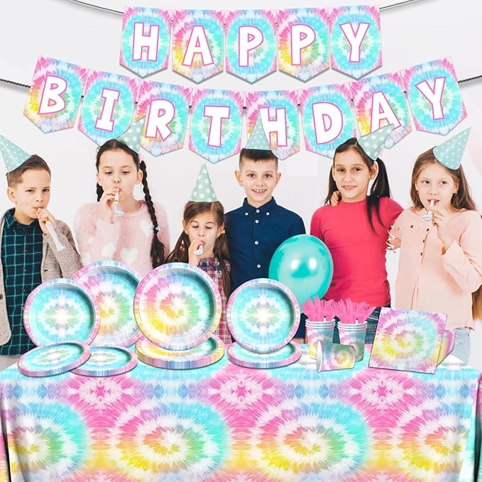 142Pcs Tie Dye Birthday Party Decorations,Colorful Birthday Party Supplies Tableware Includes Tie Dye Plates and Napkins,Cups,Tablecloth,Happy birthday Banner, Serve 20